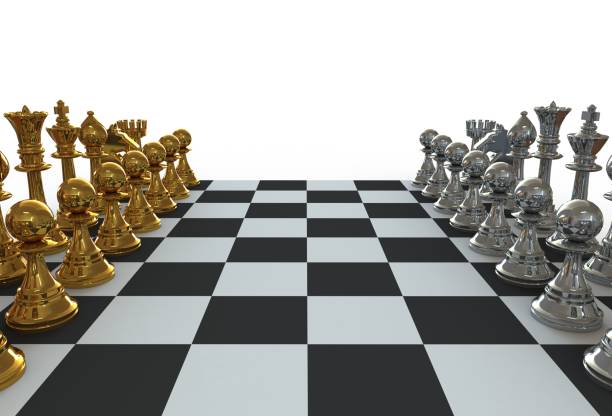 istock Set of chess figures on the playing board on white background, 3D rendering 825853980