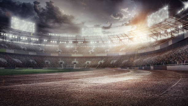 istock 3D render. Sport Backgrounds. Soccer stadium and running track. Dramatic scene. 825854382
