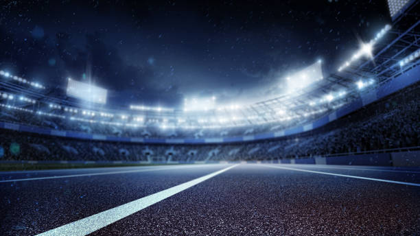 istock 3D render. Sport Backgrounds. Soccer stadium and running track. Dramatic scene. 825854474