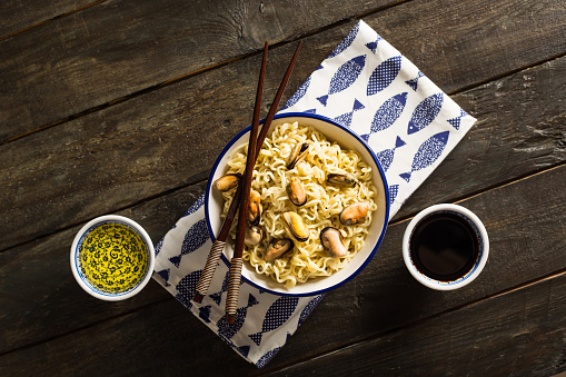 Instant Noodles on Rustic Wooden Table