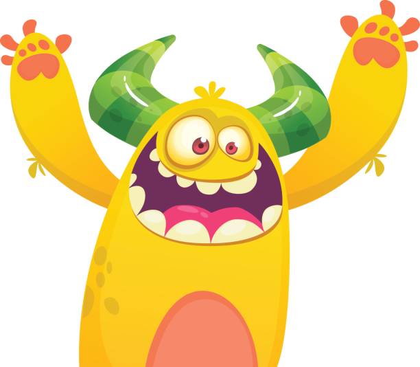 Cute yellow fat cartoon monster . Vector illustration funny troll or goblin. Halloween design Cartoon yellow furry monster. Halloween vector illustration of excited monster monster stock illustrations
