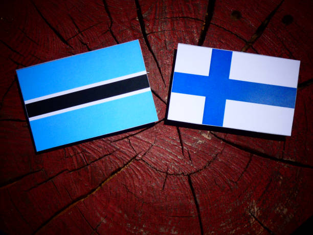 istock Botswana flag with Finnish flag on a tree stump isolated 825866268