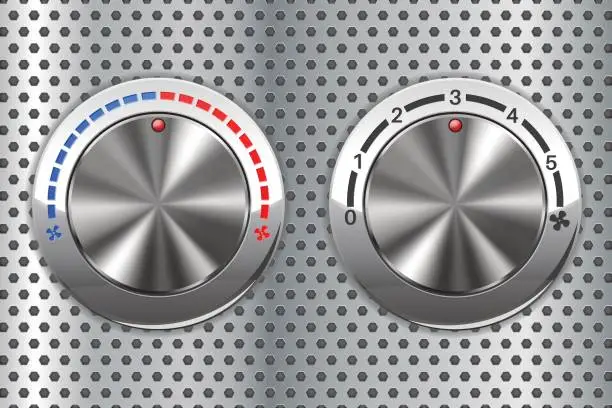 Vector illustration of Car temperature and air flow speed selector. Chrome selectors on metal perforated background