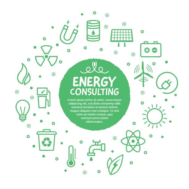 Energy Services Poster Vector line illustration of energy and fuel services. energy conservation posters drawing stock illustrations