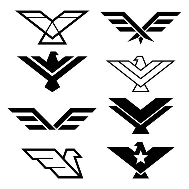 ilustraciones, imágenes clip art, dibujos animados e iconos de stock de diseño geométrico, el vector de las alas del águila del águila set de iconos, elementos gráficos de águilas - estilo moderno - eagles