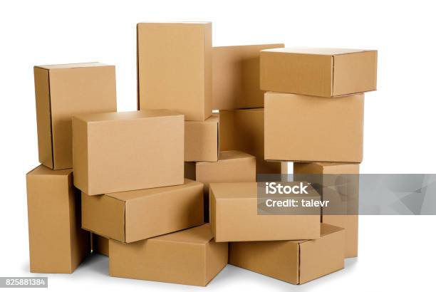 Piles Of Cardboard Boxes On A White Background Stock Photo - Download Image Now - Cardboard Box, Box - Container, Stack