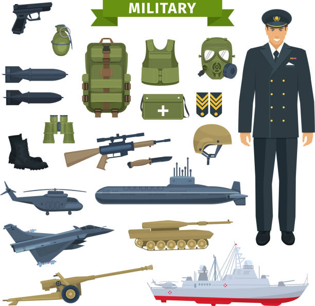 Military man with weapon, personal equipment icon Officer with weapon, transportation, personal equipment icon set. Gun and rifle, grenade, helmet and boots, armour and backpack, knife, tank, airplane and helicopter, submarine and warship military uniform stock illustrations