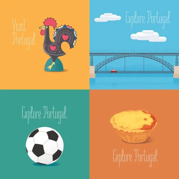 Vector illustration of Portuguese symbol Barcelos rooster, football, bridge Dom Luis vector illustrations