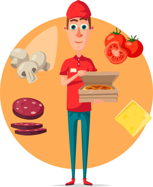 illustrazioni stock, clip art, cartoni animati e icone di tendenza di poster vettoriale del fattorino della pizza per pizzeria - 24243