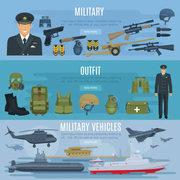 Vector illustration of Vector banners military forces vehicles and outfit