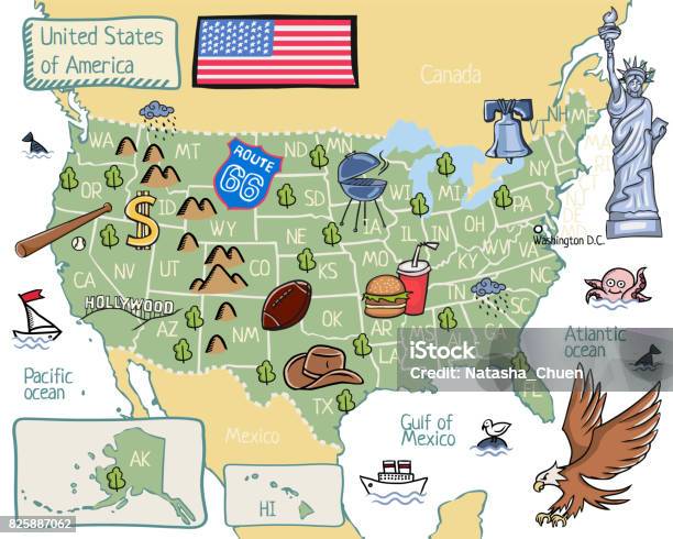 Cartoon Map Of Usa Stock Illustration - Download Image Now - Atlantic Ocean, Cartoon, Animal