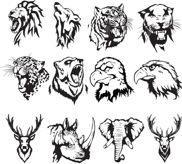 Vector illustration of Isolated illustration of the head of an eagle, an owl, a deer, a lion, a wolf, a tiger, a panther, a leopard, a bear, a rhinoceros and an elephant