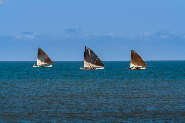 Three sailboats Three fishing boats in Amborovy (Mahajanga), western Madagascar. mozambique channel stock pictures, royalty-free photos & images