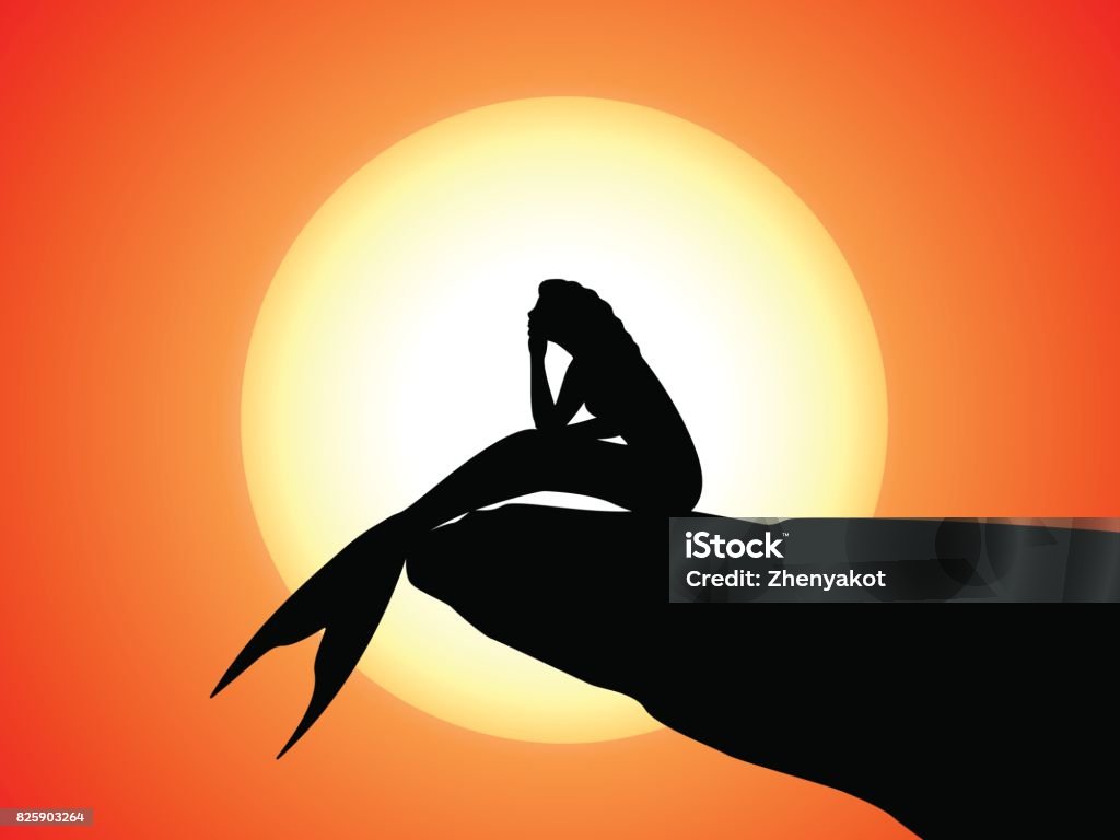 Vector silhouette of a mermaid sitting on a rock Vector illustration of a silhouette of a mermaid sitting on a rock. A girl with a fish tail sits at the sunset on a precipice. Mermaid stock vector