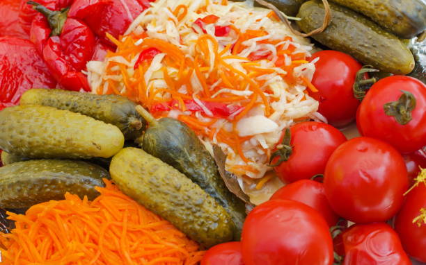 background pickled marinated vegetable salad of cucumbers, tomatoes, cabbage and carrot, colorful vegetables with vinegar - sauerkraut cabbage paprika salad imagens e fotografias de stock