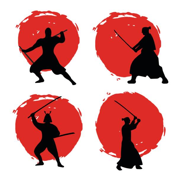 Set of Samurai Warriors Silhouette on red moon. Set of Samurai Warriors Silhouette on red moon and white background. Isolated Vector illustration. samurai stock illustrations
