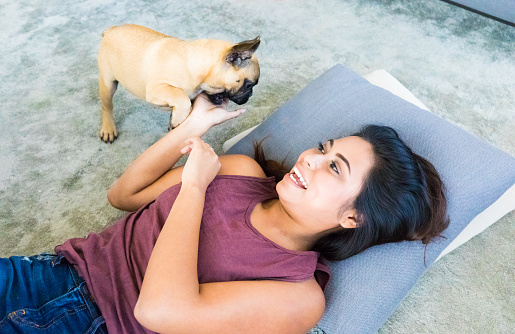 Young Latin woman playing with her French Bulldog puppy