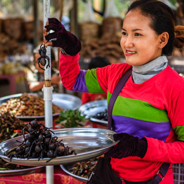Cambodian woman selling deep fried insects and tarantulas, Cambodia Cambodian woman selling insects and tarantulas on a street market, Cambodia. Deep fried tarantulas are a delicacy in Cambodia. cambodia food stock pictures, royalty-free photos & images