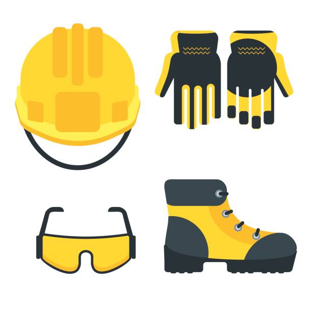 illustrations, cliparts, dessins animés et icônes de ensemble d’équipements de travail - safety sign protective workwear factory