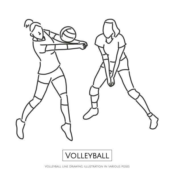 다양 한 포즈, 라인 드로잉 벡터 일러스트 그래픽 디자인에서에서 배구 라인 드로잉 그림 - volleyball volleying block human hand stock illustrations