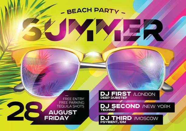 beach party poster für music festival. elektronische musik cover für sommerfest oder dj party flyer. - musikstil stock-grafiken, -clipart, -cartoons und -symbole