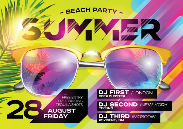 ilustrações de stock, clip art, desenhos animados e ícones de beach party poster for music festival. electronic music cover for summer fest or dj party flyer. - party dj nightclub party nightlife