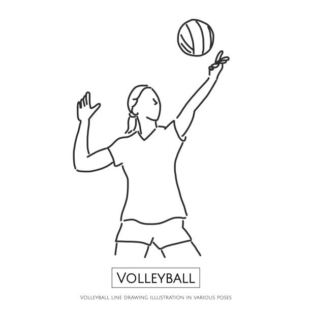 다양 한 포즈, 라인 드로잉 벡터 일러스트 그래픽 디자인에서에서 배구 라인 드로잉 그림 - volleyball volleying block human hand stock illustrations