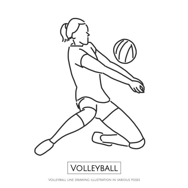 다양 한 포즈, 라인 드로잉 벡터 일러스트 그래픽 디자인에서에서 배구 라인 드로잉 그림 - volleyball volleying block human hand stock illustrations