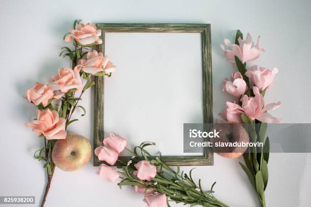 Wooden Photo Frame Apple And Pink Roses On Watercolor Paper Flat Lay Table With Gentle Floral Ornament Stock Photo - Download Image Now
