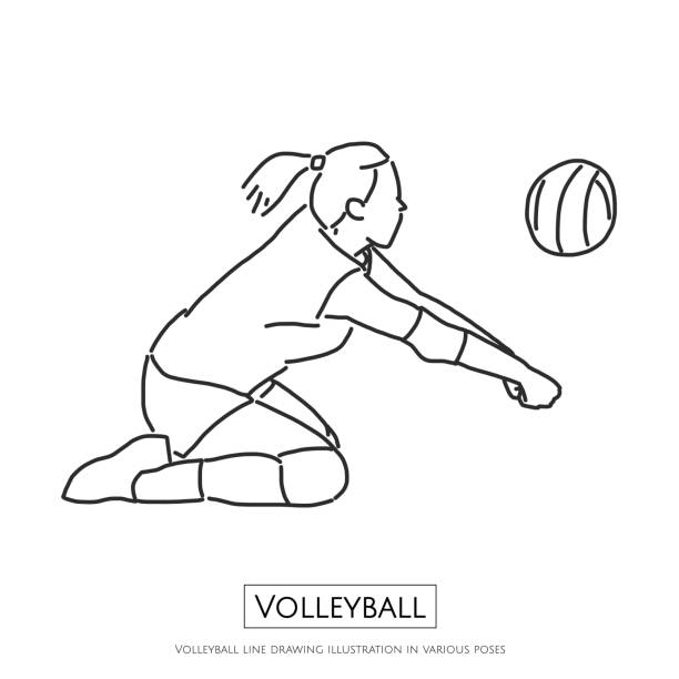 ilustraciones, imágenes clip art, dibujos animados e iconos de stock de ilustración de dibujo de voleibol en diferentes poses, diseño gráfico de ilustración de vector de dibujo de línea - volleyball volleying women female