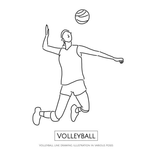 волейбол линии рисунок иллюстрации в различных позах, линия рисунок вектор иллюстрации графический дизайн - volleyball volleying block human hand stock illustrations