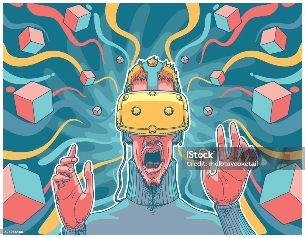 illustration of a man using a virtual reality headset An illustration of a man using a virtual reality headset. Objects are grouped and layered individually. Painted Image stock vector