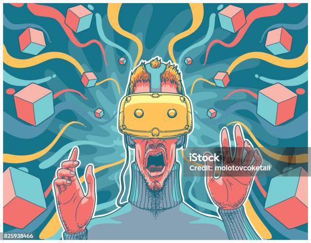Illustration Of A Man Using A Virtual Reality Headset Stock Illustration - Download Image Now