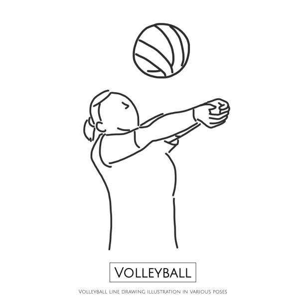 다양 한 포즈, 라인 드로잉 벡터 일러스트 그래픽 디자인에서에서 배구 라인 드로잉 그림 - volleyball volleying block human hand stock illustrations