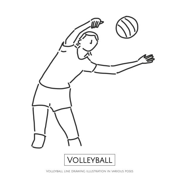 다양 한 포즈, 라인 드로잉 벡터 일러스트 그래픽 디자인에서에서 배구 라인 드로잉 그림 - volleyball volleying block human hand stock illustrations