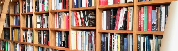 istock Filled books shelf close up with a ladder 825941992