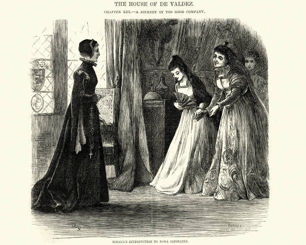 Rosada's introduction to Dona Constanza Vintage engraving of a scene from the story The house of de valdez. Rosada's introduction to Dona Constanza. Spain, 17th Century curtseying stock illustrations