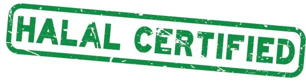 Vector illustration of Grunge green halal certificationl square rubber seal stamp on white background
