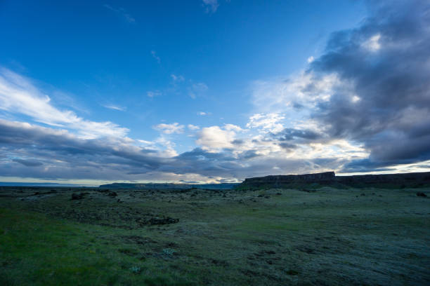 istock Iceland - Rocky landscape and wide green fields with clouds at dawn 825963888