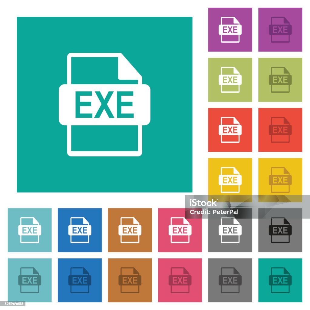 EXE file format square flat multi colored icons EXE file format multi colored flat icons on plain square backgrounds. Included white and darker icon variations for hover or active effects. Angle stock vector