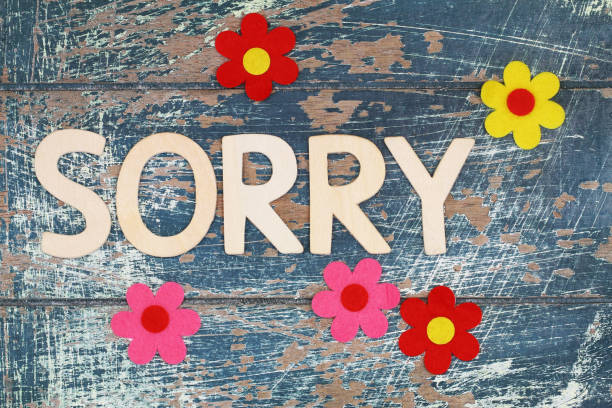 istock Sorry written with wooden letters and colorful flowers on rustic surface 825964982