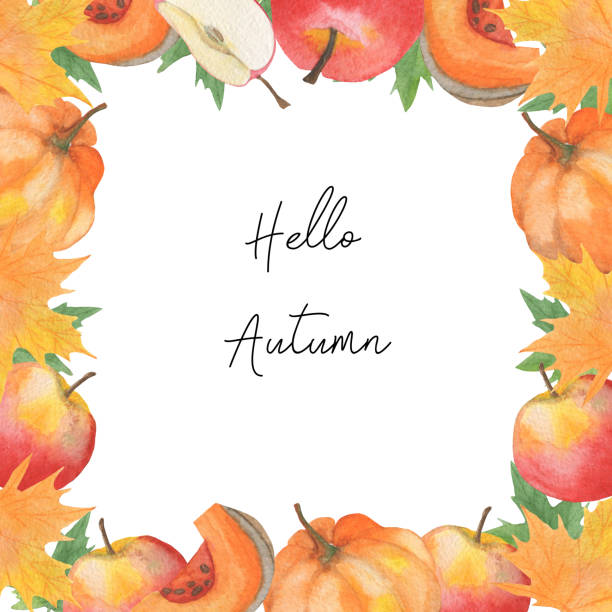 istock Frame made of watercolor maple leaf, orange pumpkin and red apple 825965896