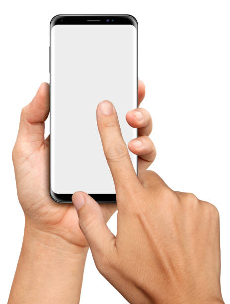 istock Hand holding and touch Black Smartphone with blank screen on white background 825972220