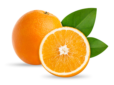 Fresh ripe orange with green leaves and flower on white background