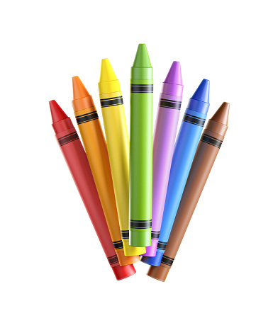 A Bunch of colorful crayons on white background. Clipping path is included. Vertical composition with copy space. Front view. Great use for art and education concepts.