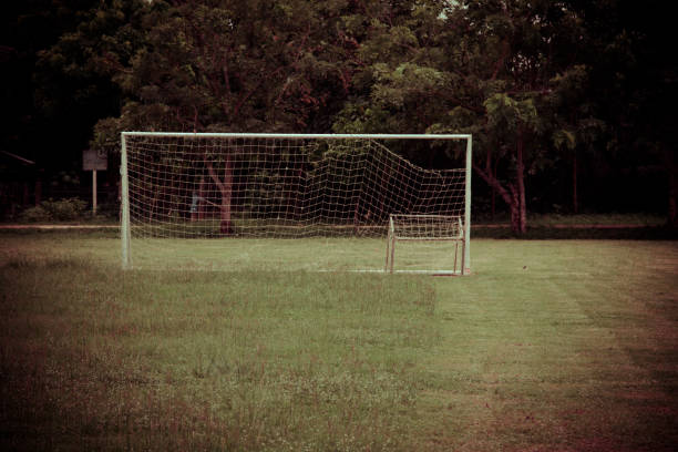 istock soccer football goal through the net. 825985470