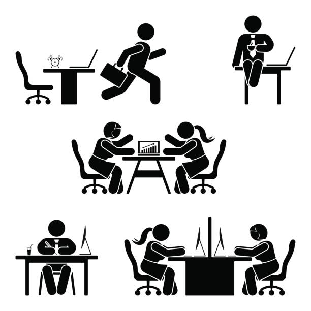 ilustrações, clipart, desenhos animados e ícones de stick figura escritório representa o conjunto. suporte a negócios finanças no local de trabalho. trabalho, sentado, falando, reunião, treinamento, discutindo o pictograma de vetor - cartoon business meeting training