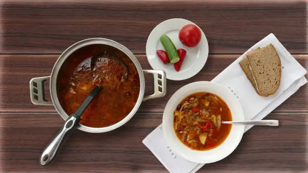 Hot soup with fresh vegetables and bread