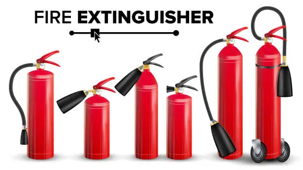 Vector illustration of Fire Extinguisher Set Vector. Different Types. Metal Glossiness 3D Realistic Red Fire Extinguisher Isolated Illustration