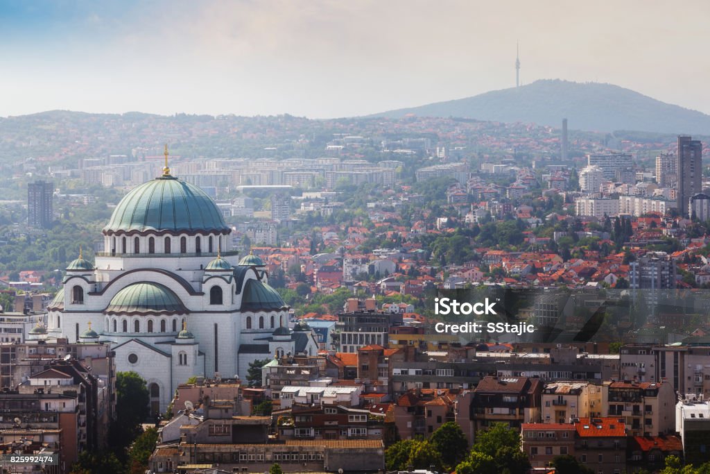 Belgrade downtown skyline with temple of Saint Sava and Avala tower Aerial view of old Belgrade, capital of Serbia with St. Sava temple and Avala tower in the background Serbia Stock Photo